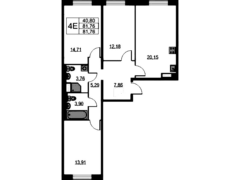 3-комнатная квартира 81.76 м², 9/9 эт., ЖК «Квартал Лаголово»